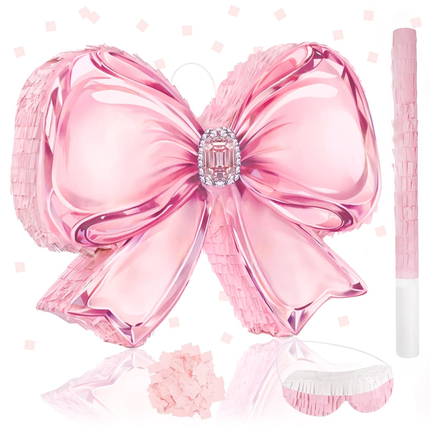 Pink Bow Pinata Set - Coquette Pink Crystal Bow Piñata with Blindfold