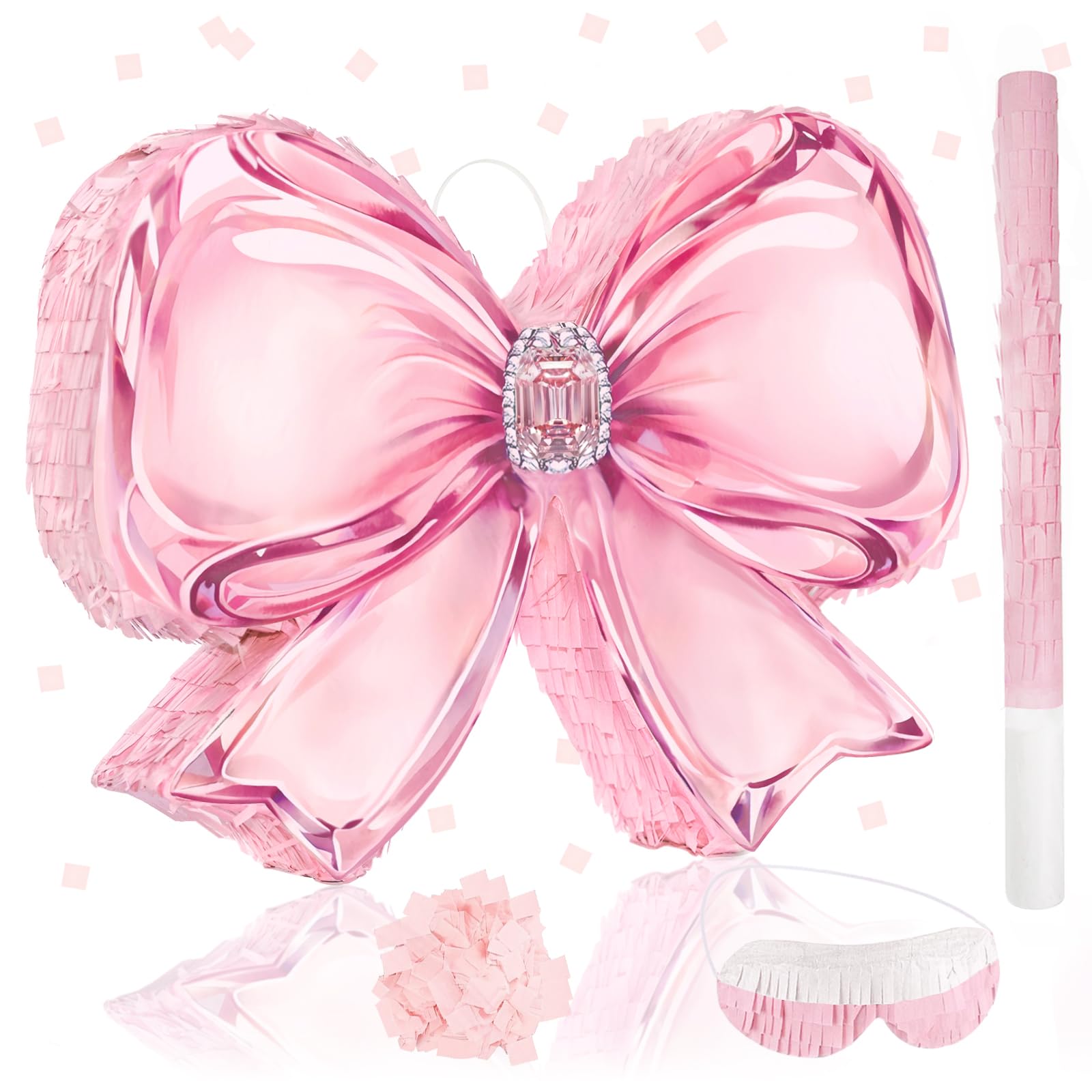 Pink Bow Pinata Set - Coquette Pink Crystal Bow Piñata with Blindfold