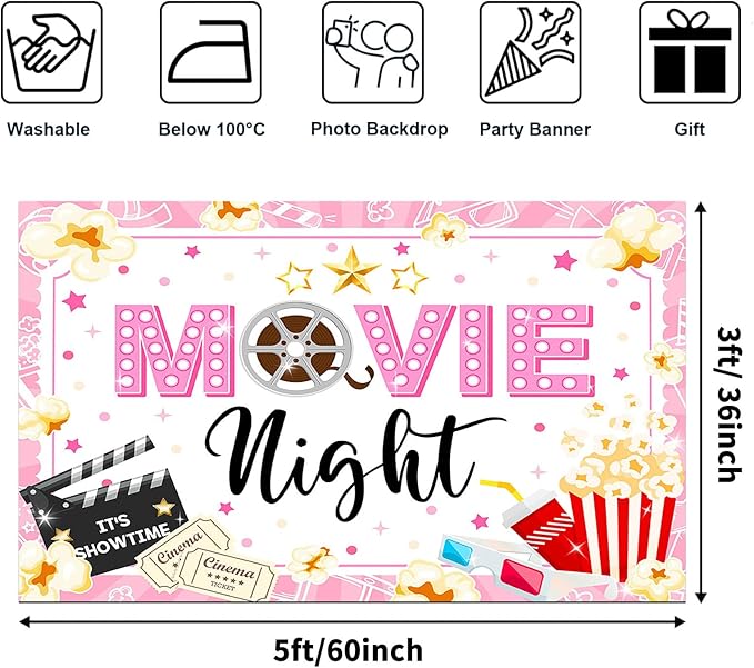 Movie Night Backdrop for Girls Pink Movie Theme