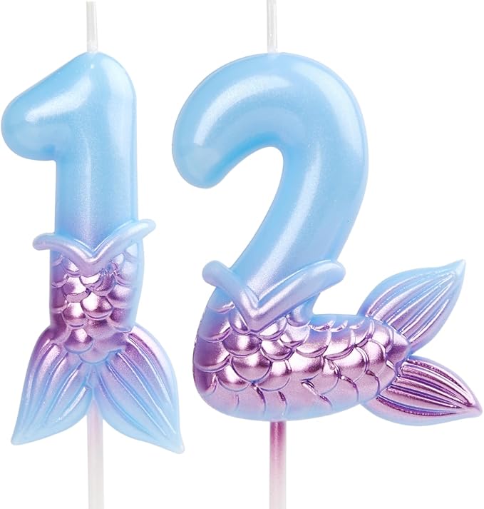 Mermaid 12 Candle, Birthday Decorations, Blue Numbers Candle, Happy