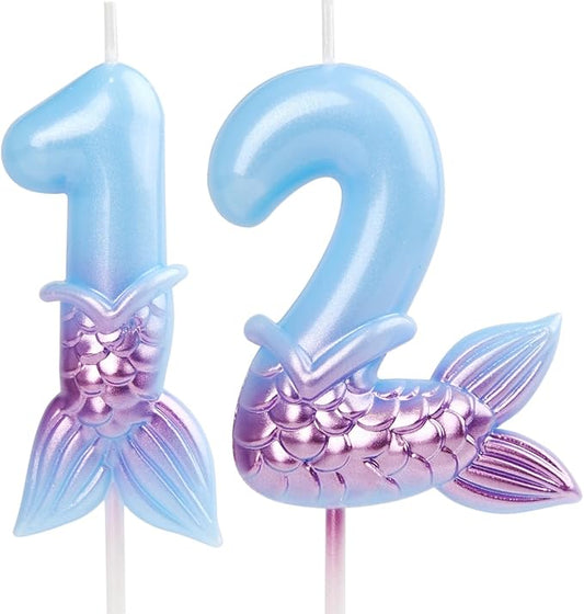 Mermaid 12 Candle, Birthday Decorations, Blue Numbers Candle, Happy