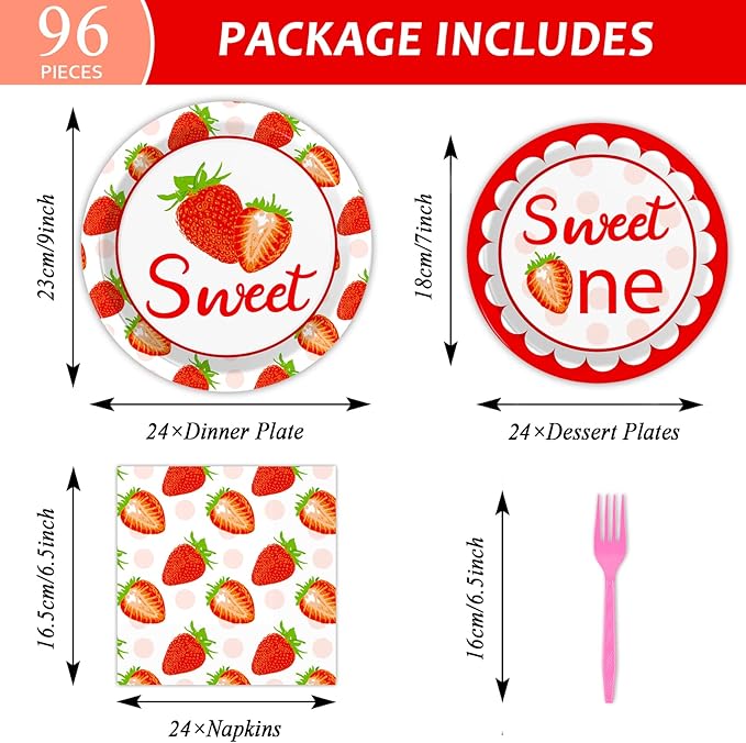 96 Pcs Strawberry Party Supplies Paper Plates Napkins 1st Birthday