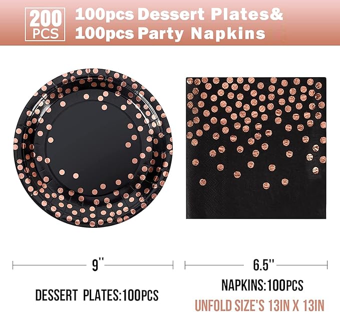 Black and Rose Gold Paper Plates and Napkins-200 Pack - Paper Plates