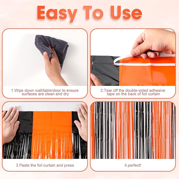 Voircoloria 3 Pack 3.3x8.2 Feet Black and Orange Foil Fringe Backdrop