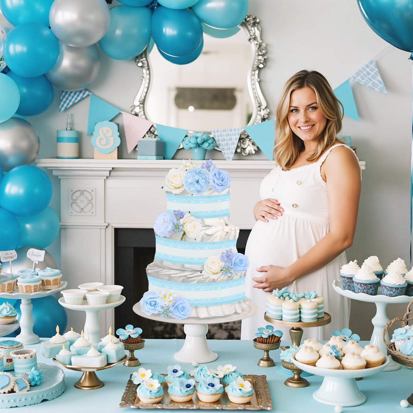 Cheerupp Blue Floral Theme Diaper Cake Decorations for Baby Shower