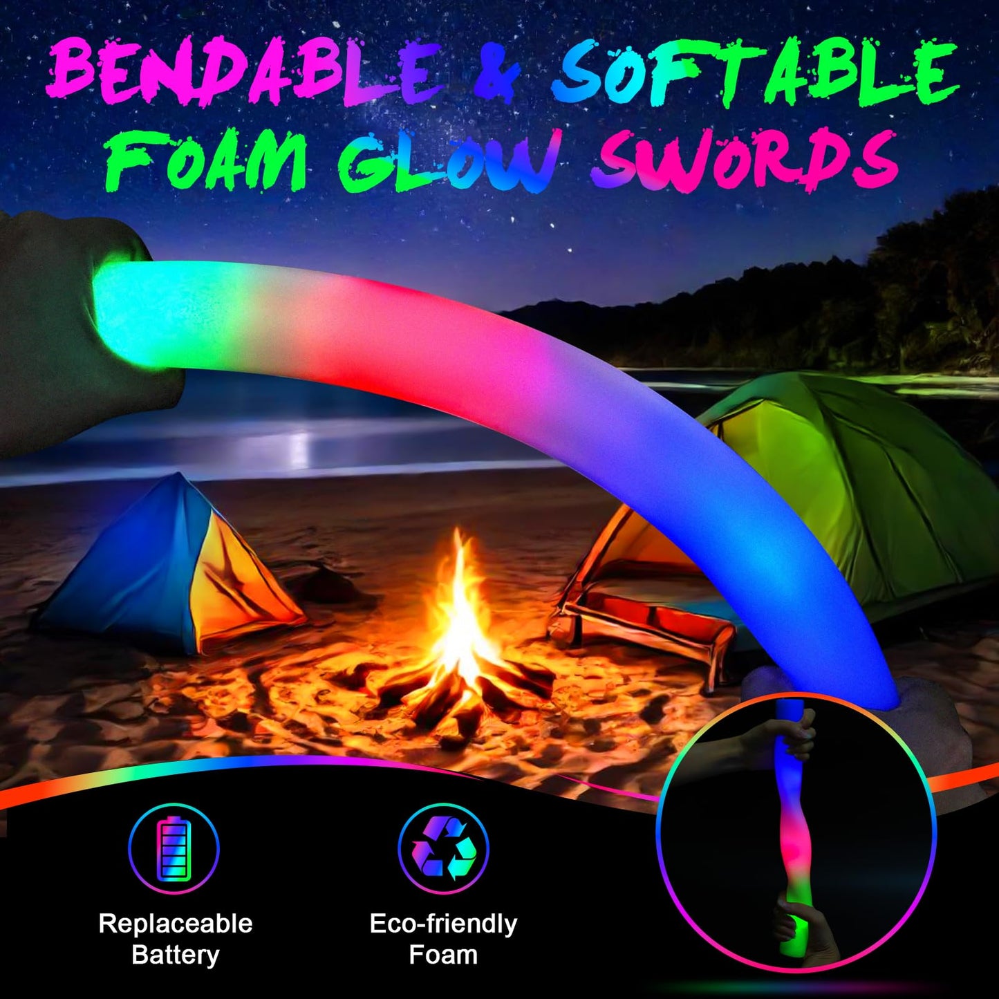 wellent 64 Pack Foam Glow Sticks, Bulk LED Foam Sticks, Foam Light Up