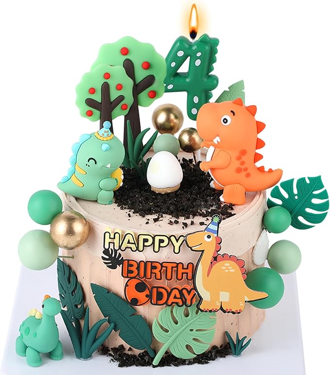 Dinosaur Cake Decorations Set with Dinosaur Leaves Grasses