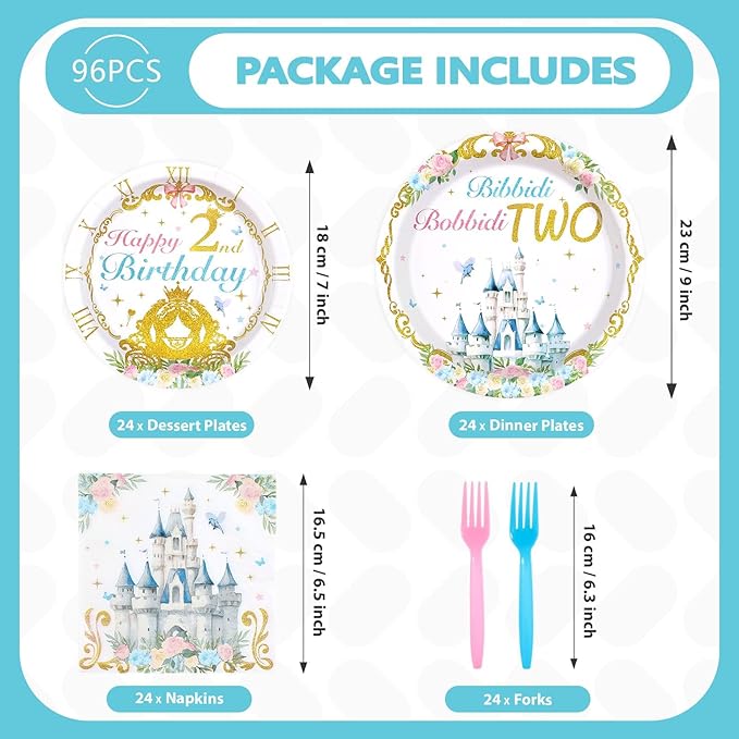 96Pcs Princess Birthday Party Supplies Bibbity Boppity Two Party