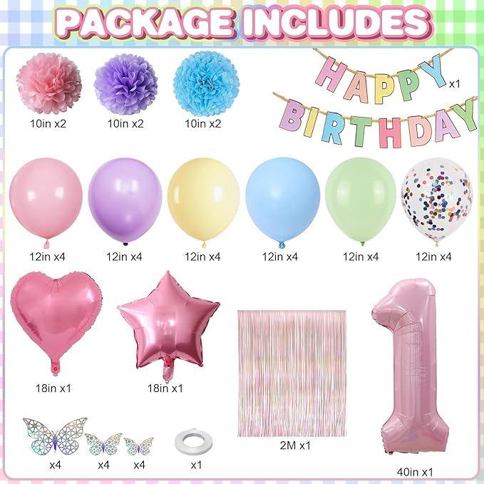 Pastel 1st Birthday Party Decorations for Girls Number 1 Balloon
