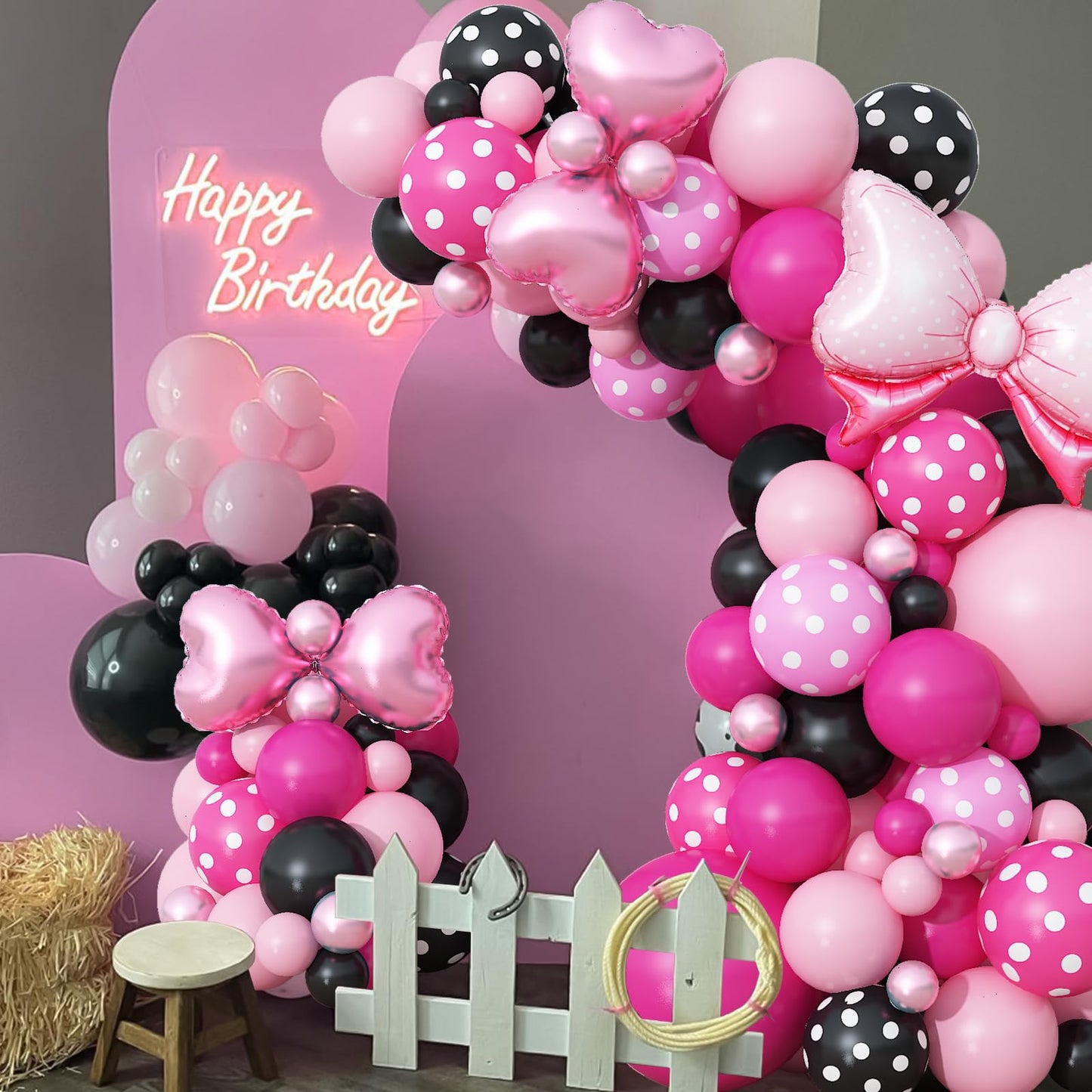 Pink and Black Balloons Arch Balloons Garland with Bow Heart Foil