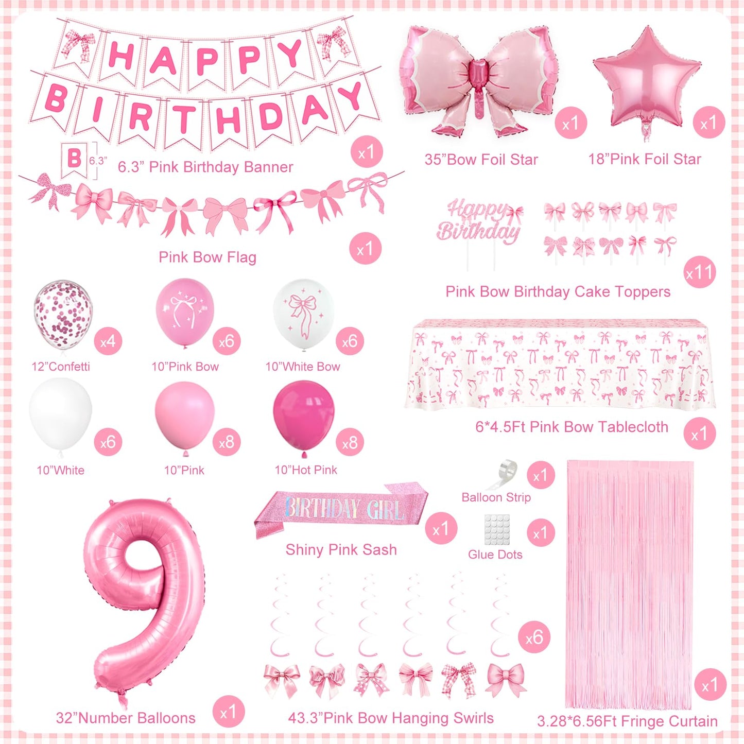 9th Pink Birthday Decorations for Girls, Pink Bow Coquette Birthday
