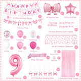 9th Pink Birthday Decorations for Girls, Pink Bow Coquette Birthday
