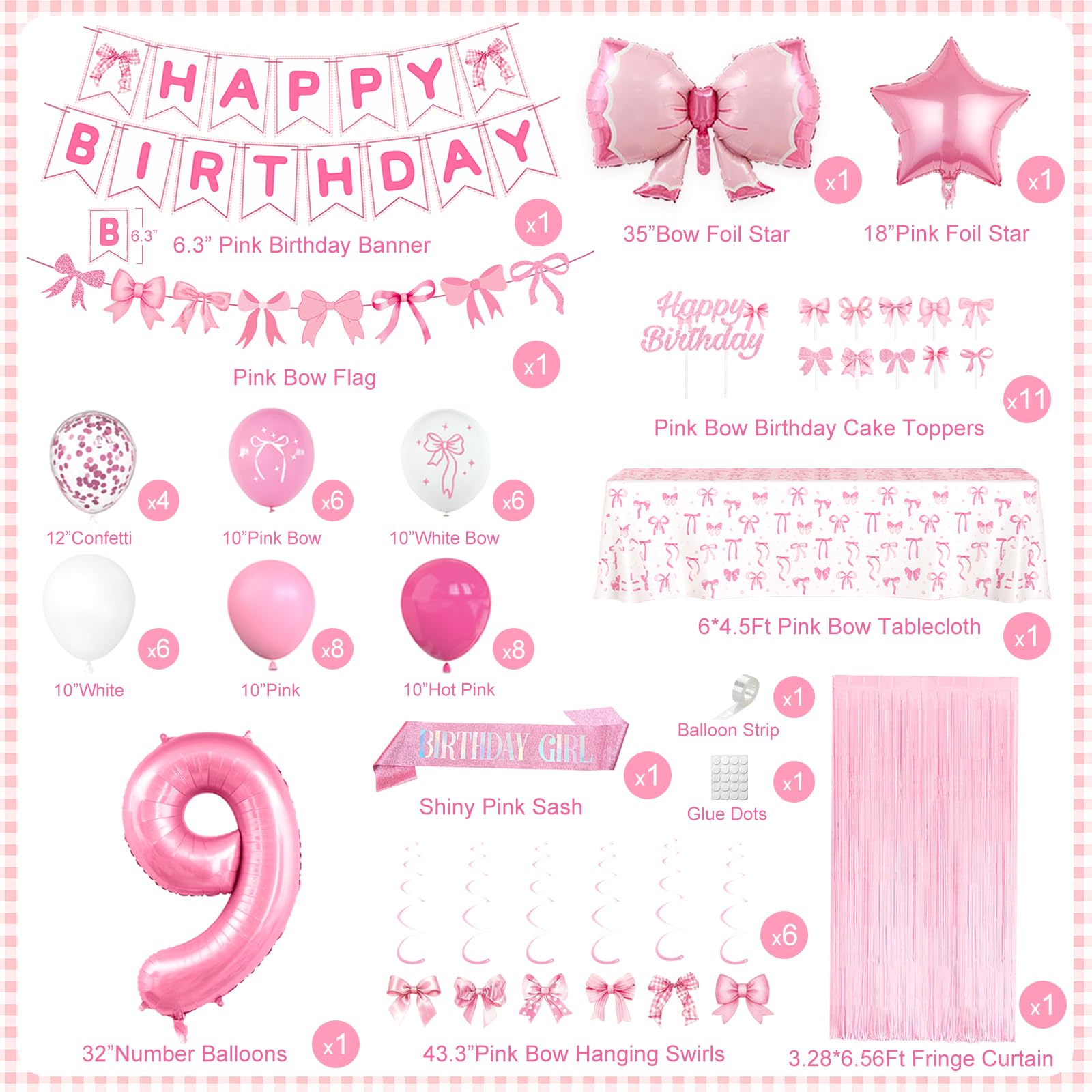 9th Pink Birthday Decorations for Girls, Pink Bow Coquette Birthday