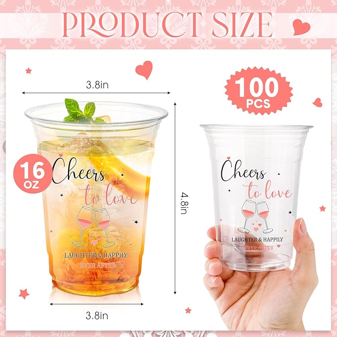 100 Pcs Plastic Wedding Cups 16 oz Cheers to Love Wedding Reception