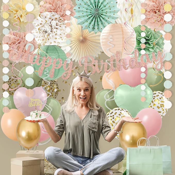 Sage-Green Blush-Pink Birthday Decorations for Women Girls, Cream