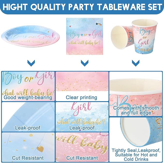 200 Pcs Gender Reveal Baby Shower Paper Plates Napkins Cups Baby