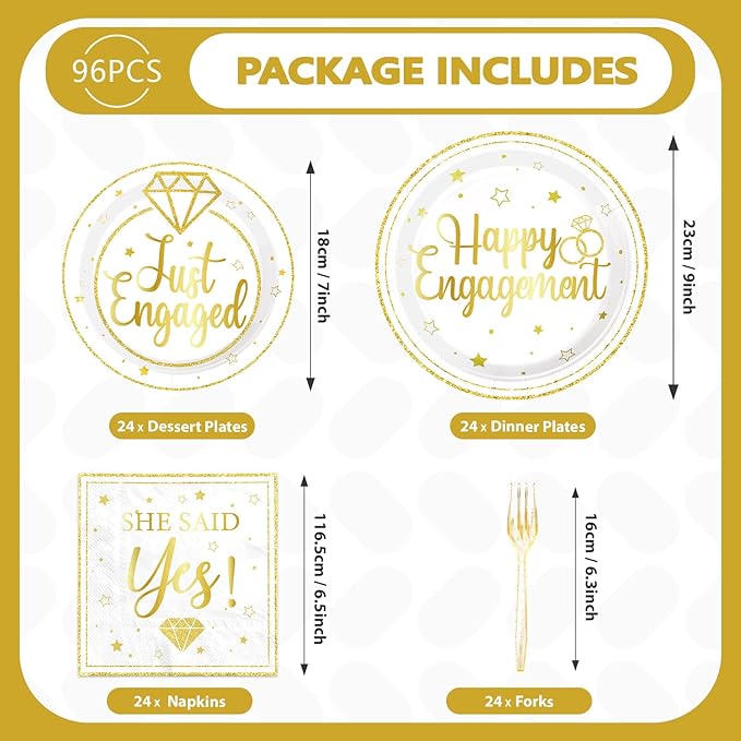 96Pcs Happy Engagement Party Supplies Gold Just Engaged Plates and