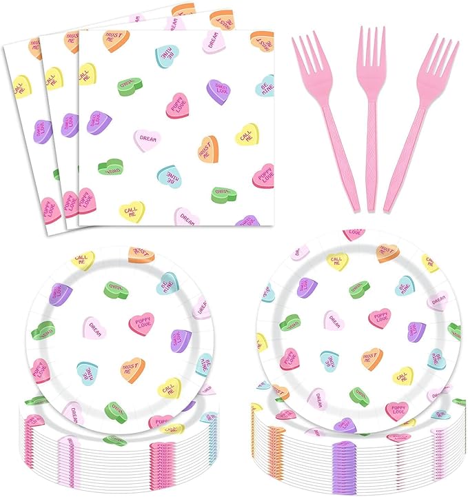 96Pcs Valentines Day Paper Tableware Set Conversation Hearts Party