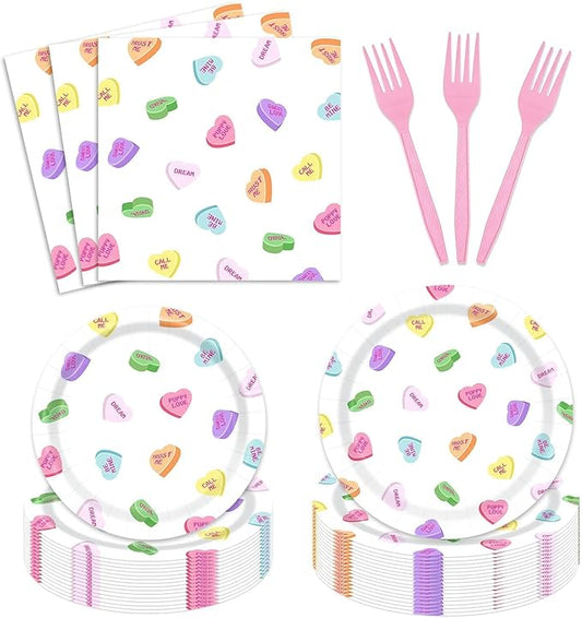 96Pcs Valentines Day Paper Tableware Set Conversation Hearts Party