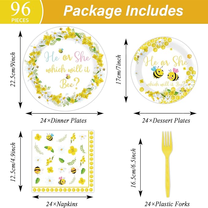 96 Pieces Bee Gender Reveal Party Plates What Will It Bee Theme