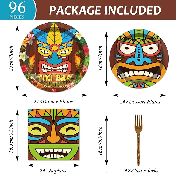 96 Pieces Tiki Party Decorations Luau Party Plates Hawaiian Aloha