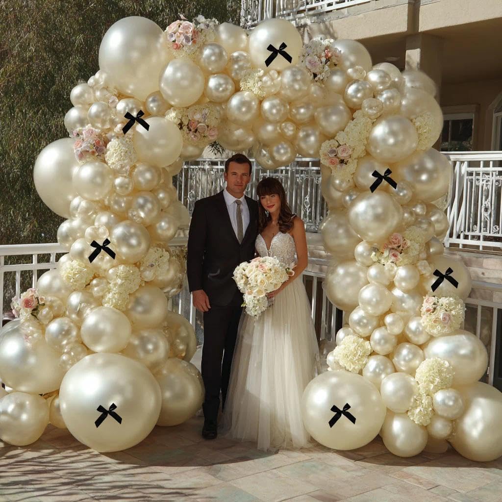 Pearl Sand White Balloon Arch Kit with Black Bow Double Stuffed Pearl