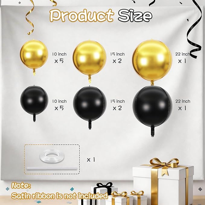 Togvu Black Gold Round Foil Balloons, 16PCS Different Sizes 4D