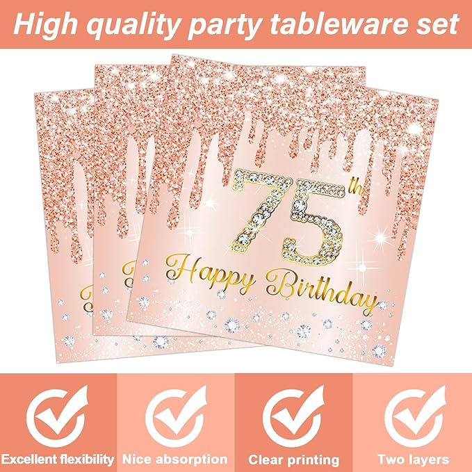 96 Pcs Rose Gold 75th Birthday Party Plates and Napkins for Girls