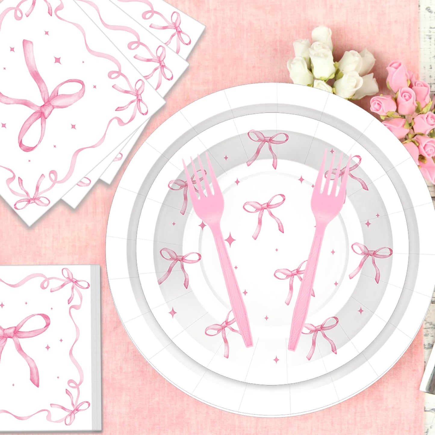 100 Pcs Pink Ribbon Bow Party Supplies Set, Serves 25 – Disposable