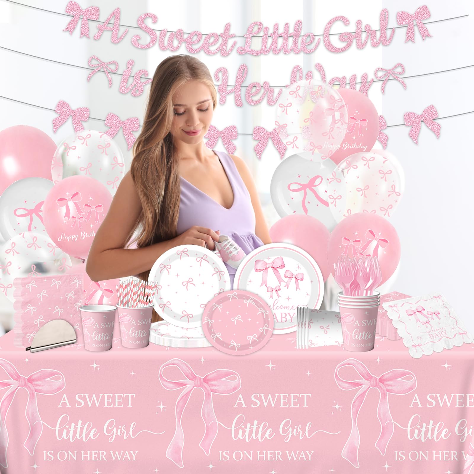 Pink Bow Baby Shower Decorations for Girl - Bow Party Tableware