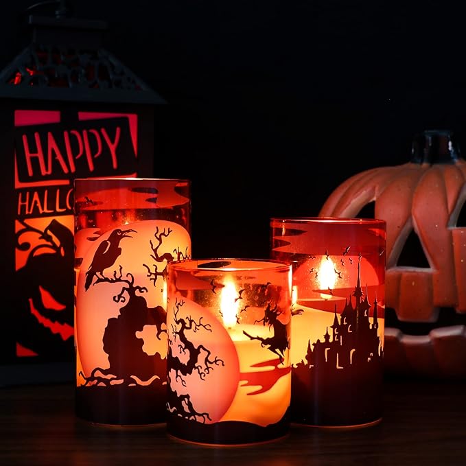 Halloween Flickering Candles with Witch Crow Raven Castle Decals Red
