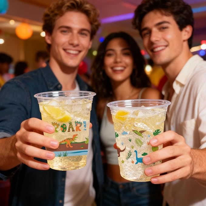 100 Pcs Dinosaur Cups 12oz Dinosaur Plastic Clear Disposable