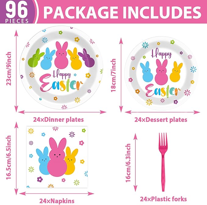 96Pcs Easter Bunny Peeps Party Plates and Napkin Party Supplies