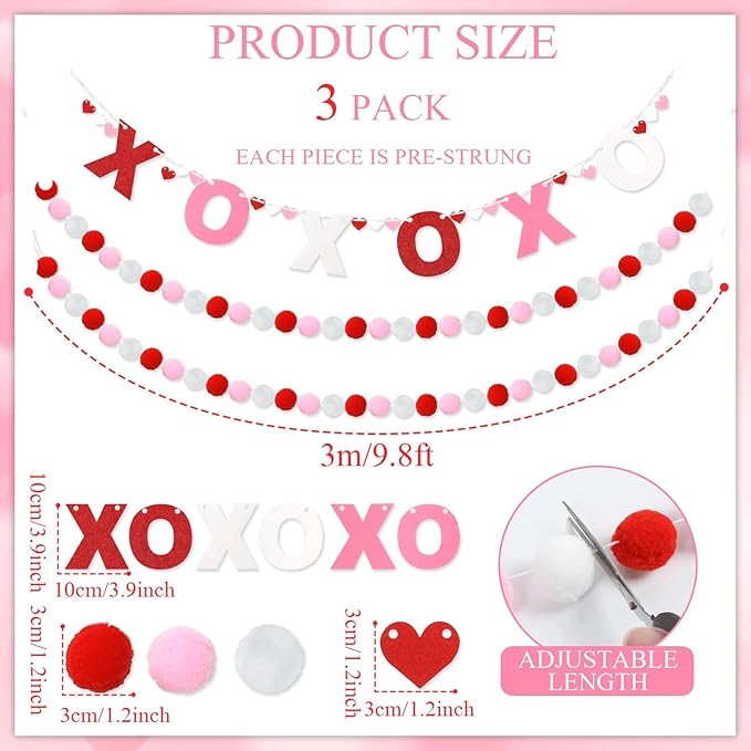 3pcs Valentine's Day Garland Felt Ball Garland 10ft Pompom Garland