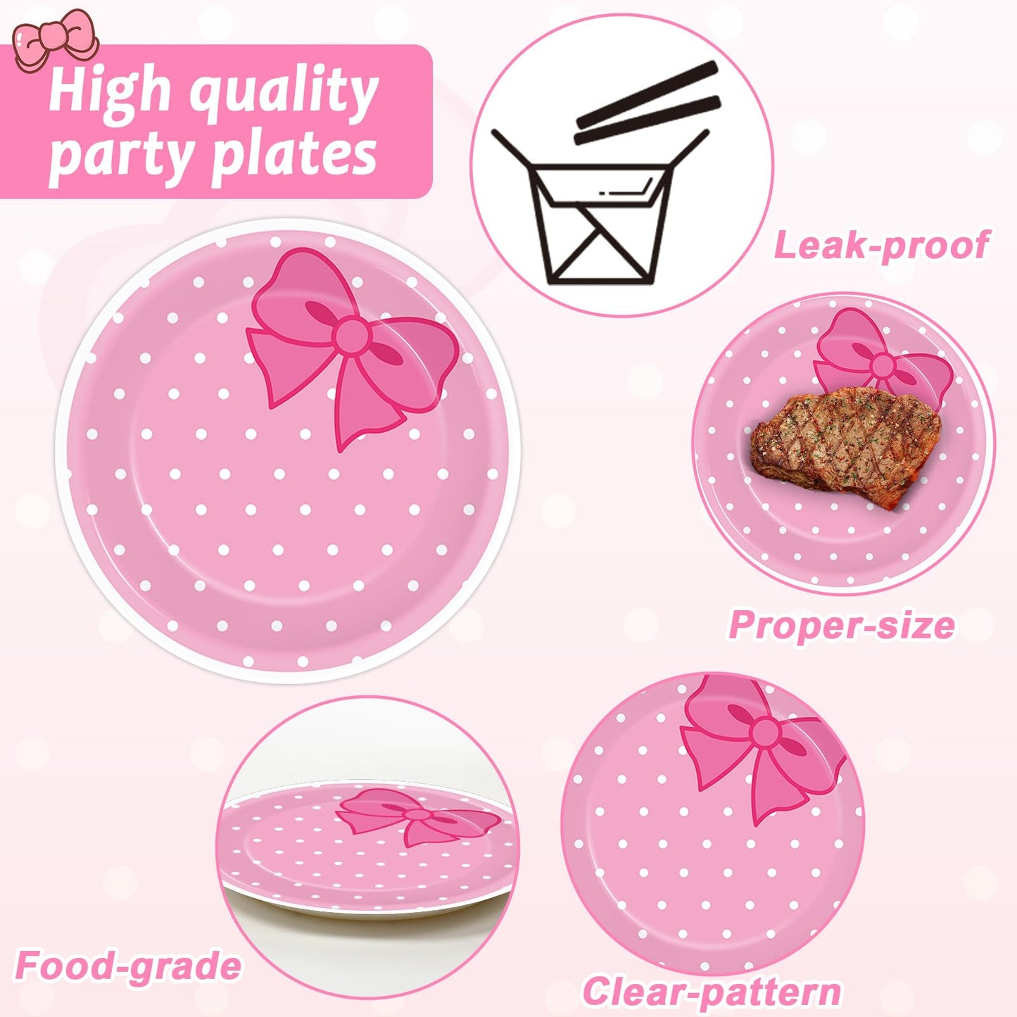 96Pcs Pink Cat Paper Plates and Napkins Cute Cats Bow Theme Birthday