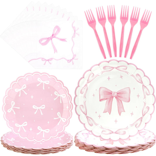 CANREVEL 96 PCS Bow Party Plates Serve 24, Bow Plates and Napkins