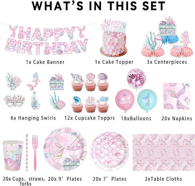 175PCS Mermaid Party Decorations Mermaid Theme Party Supplies Plates