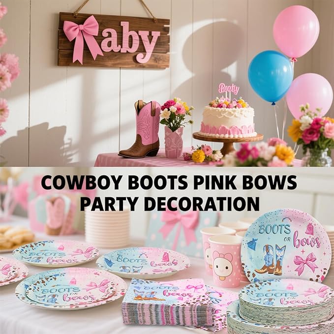 180Pcs Boots Bows Gender Reveal Birthday Party Supplies Serves 60