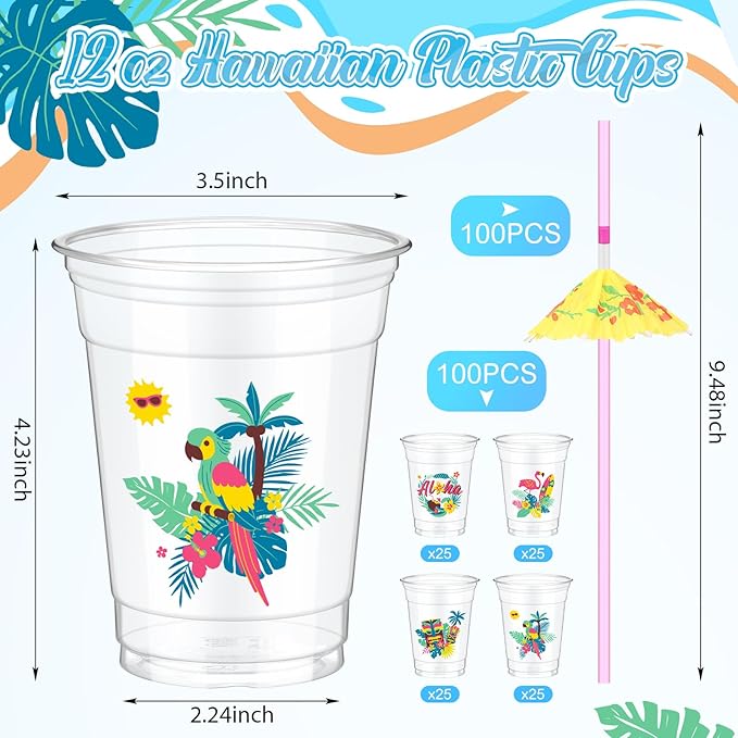 100 Set Hawaiian Luau Party Cups with Umbrella Straws 12 oz Tiki