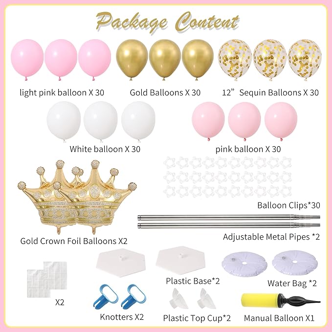 Princess Party Balloon Column Stand Kit 2 Sets 2 Crown Foil Balloons