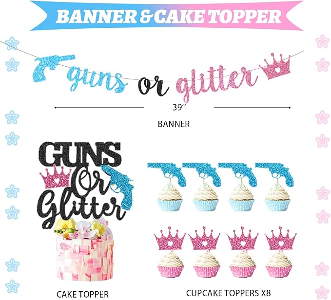 Guns or Glitter Gender Reveal Decorations 169 PCs Boy or Girl Gender