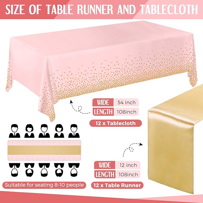 Breling 24 Pack Pink and Gold Disposable Plastic Tablecloths and
