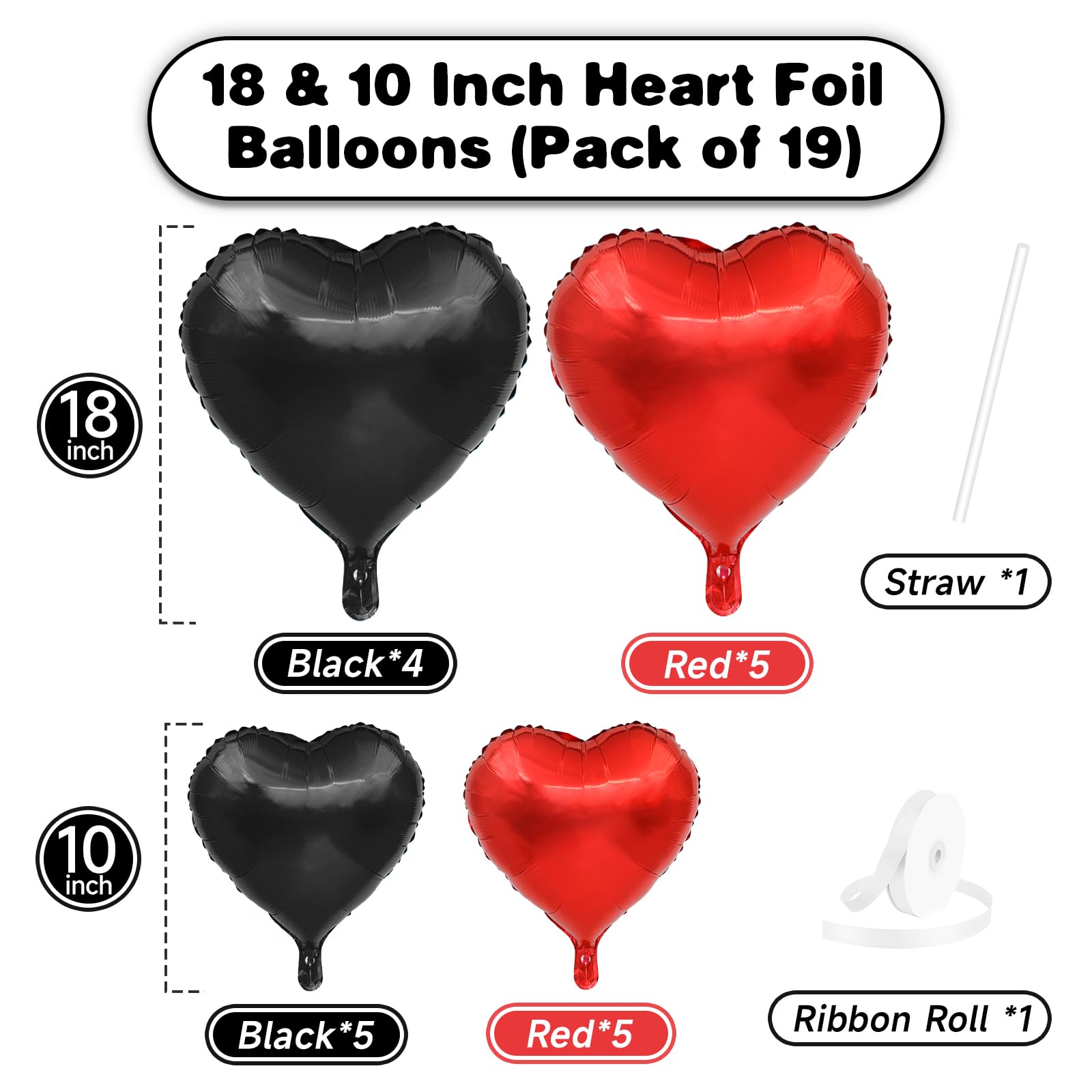Red Black Heart Balloons, 19PCS Black and Red Heart Shape Balloon