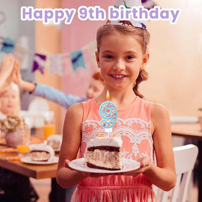 MTLEE Number 9 Birthday Candle Macaron Glitter 3D Number Candle with