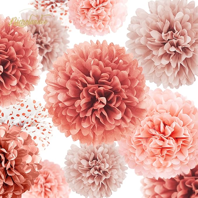 Rose Gold Wedding Decorations 15 PCS Tissue Paper Pom Poms for