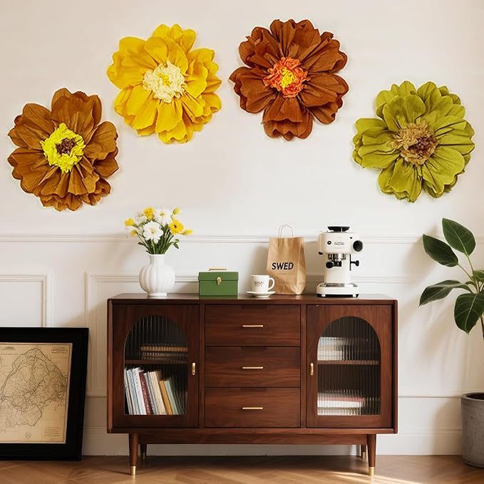 4 PCS 20" Brown Yellow Giant Paper Flowers Boho Baby Shower Party