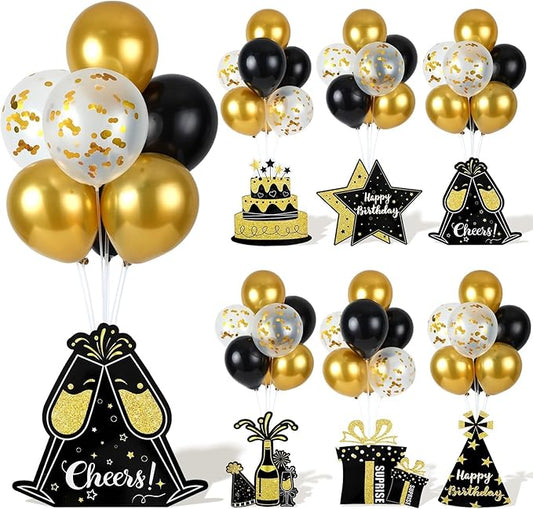 6 Sets Balloon Stand Kit for Table Happy Birthday Black Gold Balloon