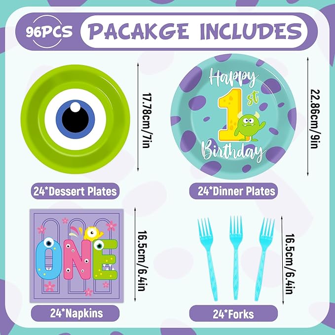 96Pcs Monster 1st Birthday Party Plates and Napkins Happy Monster