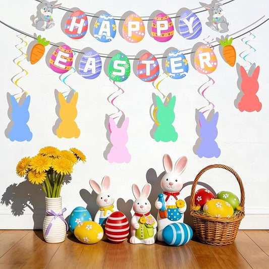 8PCS Easter Decorations Set Includes Happy Easter Banner Hanging
