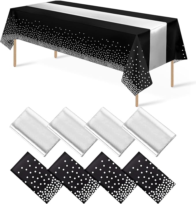 8Pack Disposable Plastic Tablecloths and Satin Table Runner Set Black